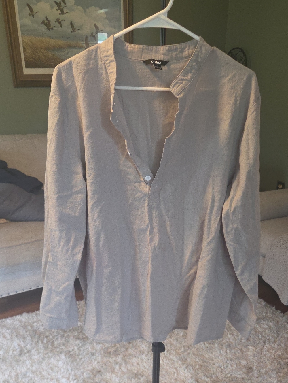 Ouku Beige Collarless Long-Sleeve Button-Front Shirt. BRAND NEW. Tags Taken Off.